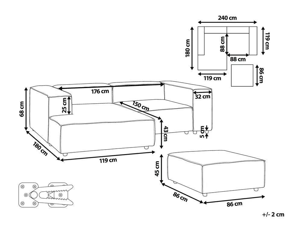 Modular Corner Sofa 3 Seater Fabric Light Grey with Ottoman Right Hand Oakham