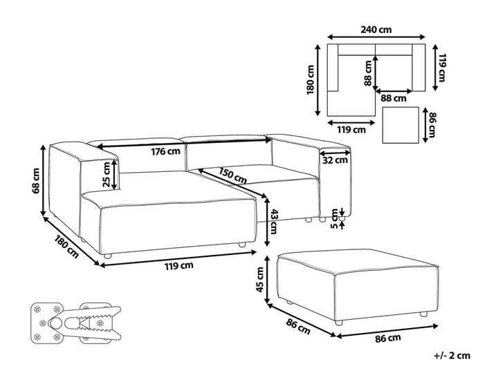 Modular Corner Sofa 3 Seater Fabric Light Grey with Ottoman Right Hand Oakham
