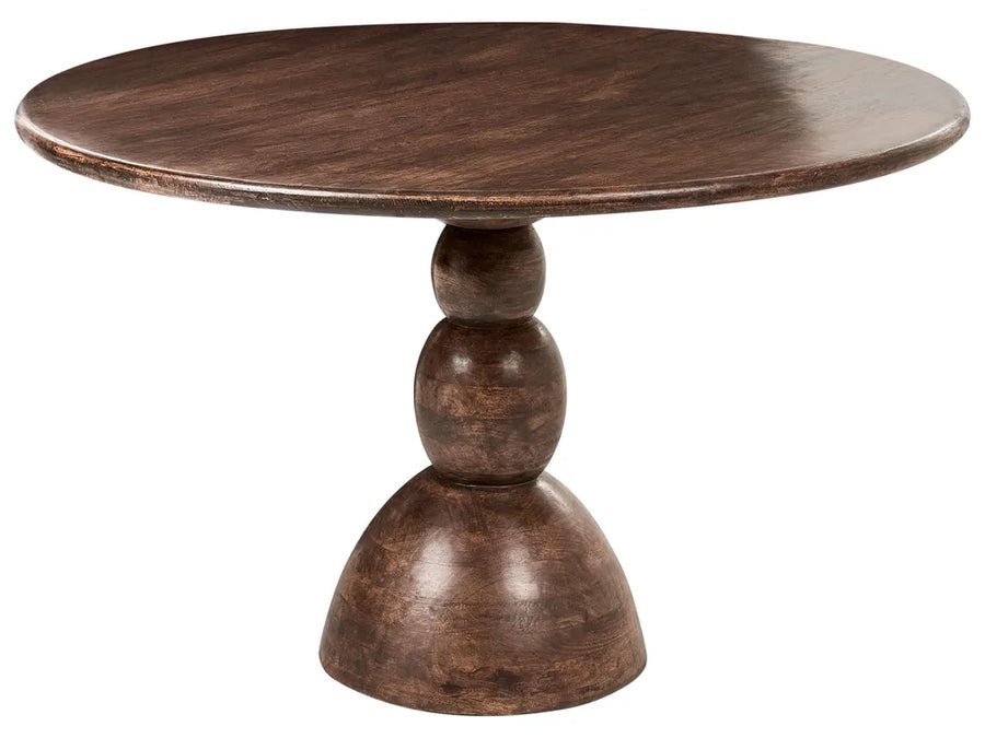 Wooden round table with a pedestal base on a white background
