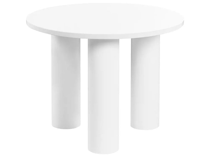 White round table with three cylindrical legs on a white background