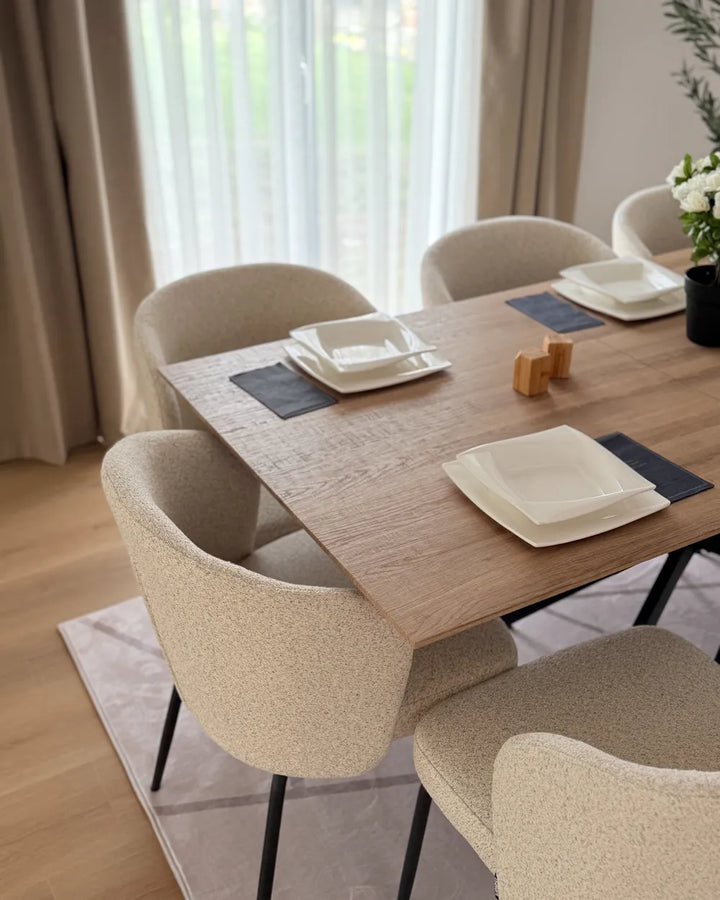Dining table set with plates and placemats in a well-lit room.