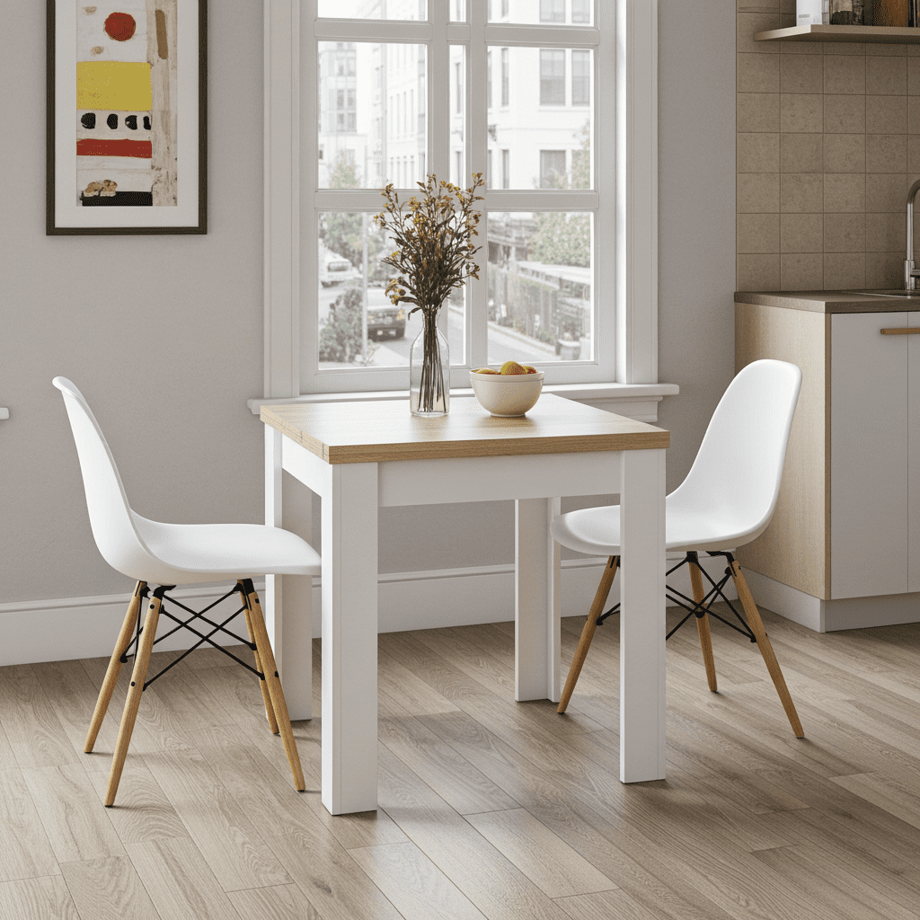 Dining area with a white table and chairs in a modern kitchen.