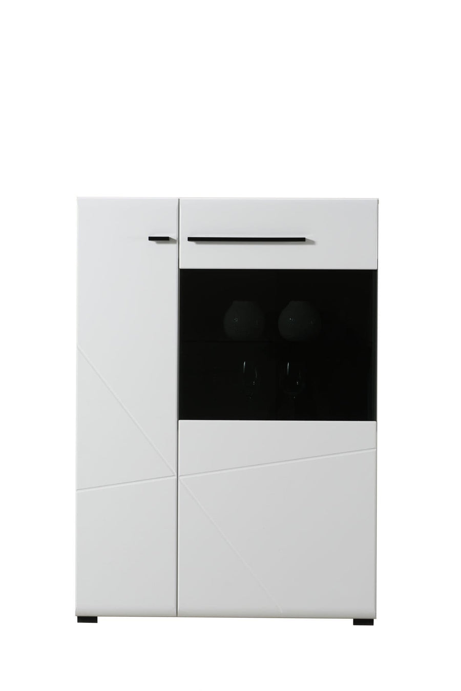 White kitchen cabinet with black glass panel on a white background