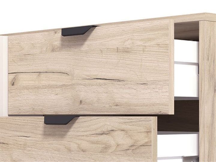 Wooden furniture with a light brown finish and black handles.