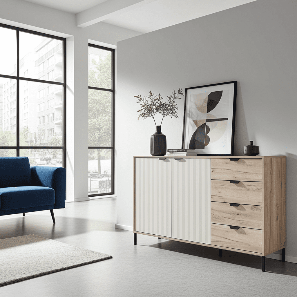 Modern living room with a blue sofa, wooden sideboard, and abstract art.