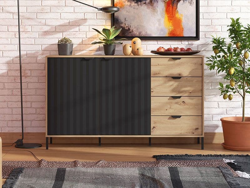 Artisan oak effect and black sideboard with doors and drawers