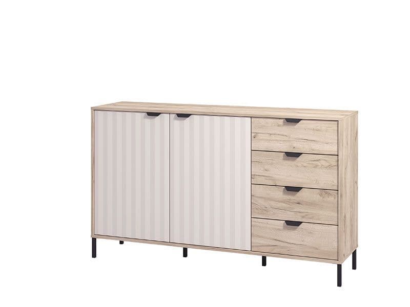 Wooden sideboard with white panel doors and drawers on a white background