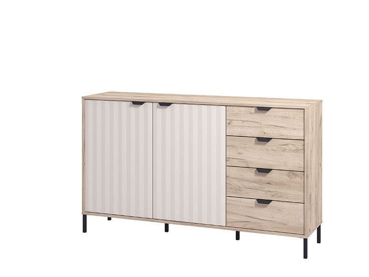 Wooden sideboard with white panel doors and drawers on a white background