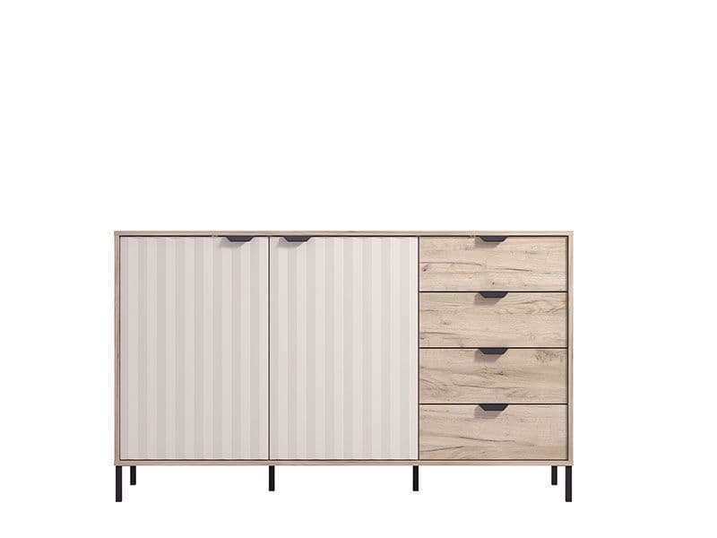 Wooden cabinet with white panel doors and drawers on a white background