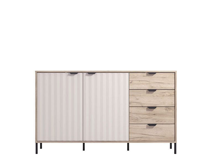 Wooden cabinet with white panel doors and drawers on a white background