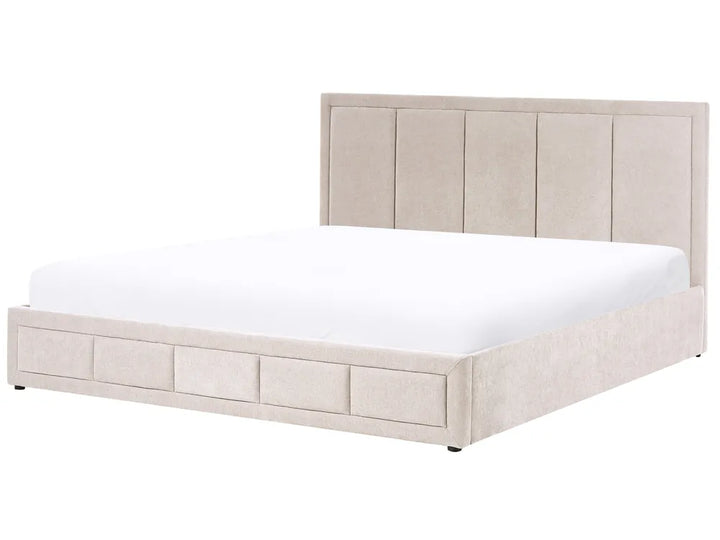 Taupe chenille ottoman bed with lift-up storage