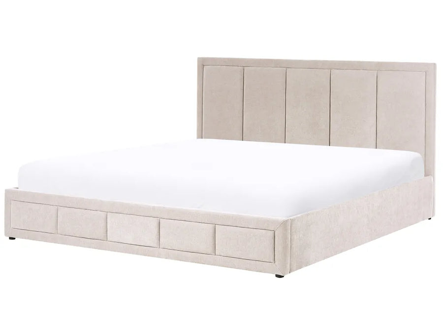 Taupe chenille ottoman bed with lift-up storage