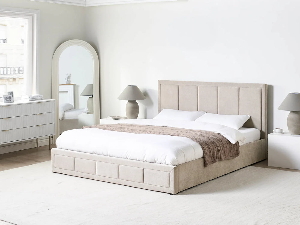 Super king ottoman bed with quilted headboard