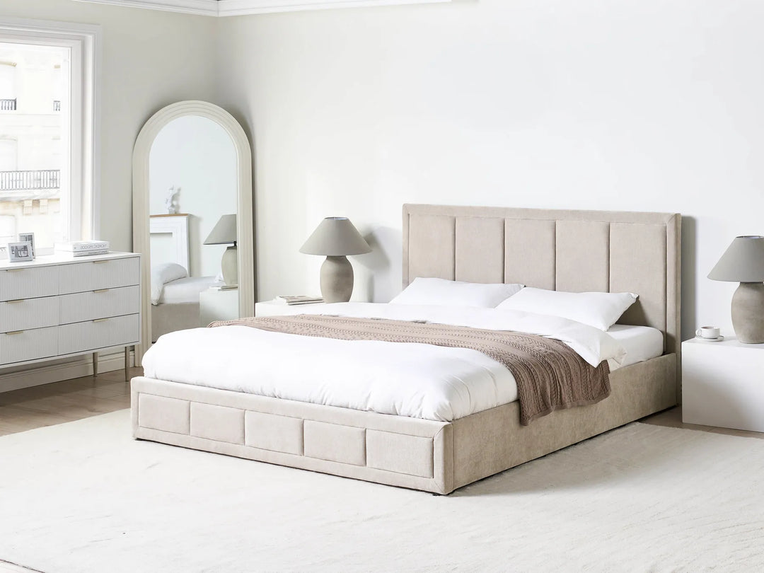 Super king ottoman bed with quilted headboard