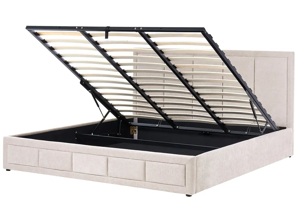 Fabric storage bed with slatted lift base