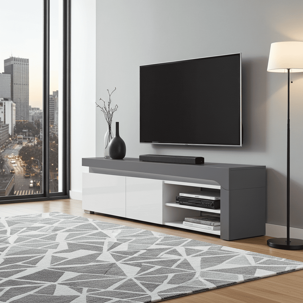 Modern living room with a gray TV stand, television, and decorative items.