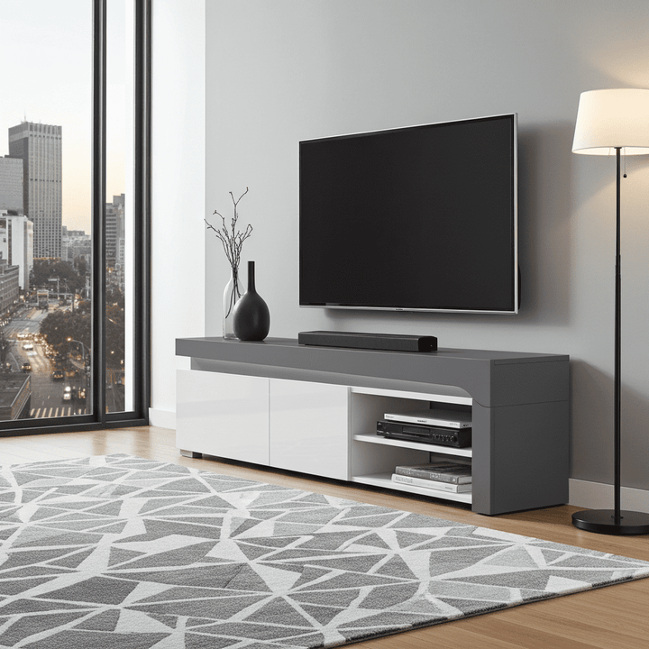 Modern living room with a gray TV stand, television, and decorative items.