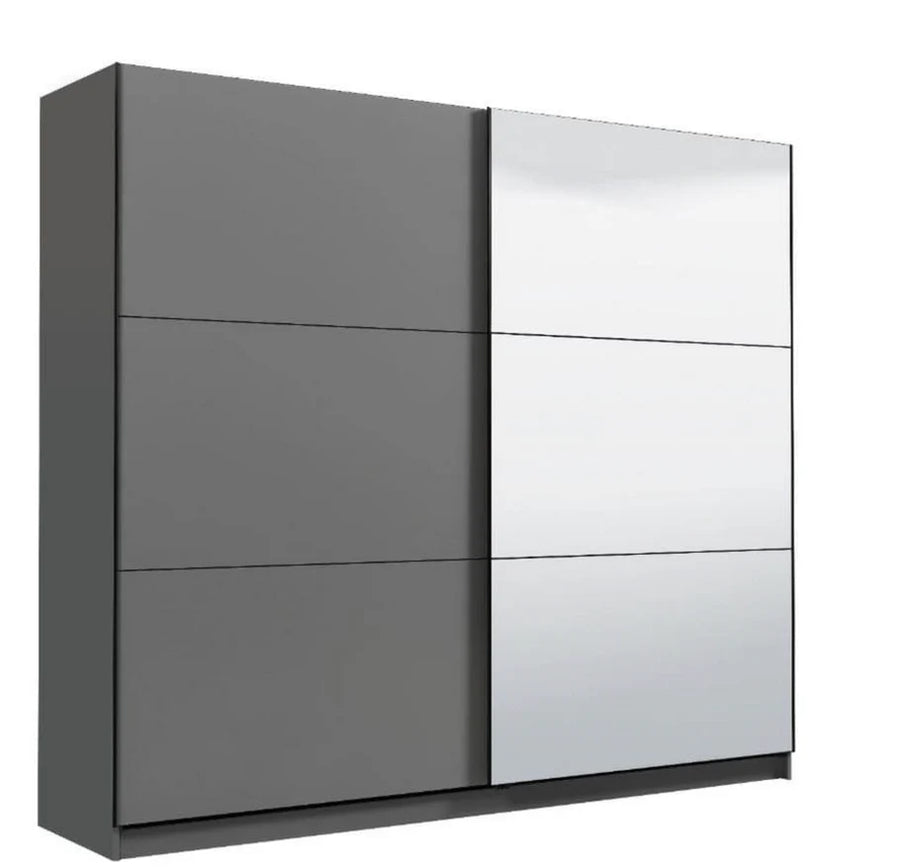 Gray wardrobe with a mirror panel on a white background
