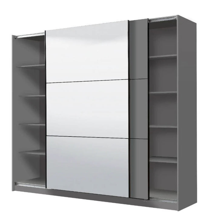 Gray wardrobe with sliding mirror door on a white background