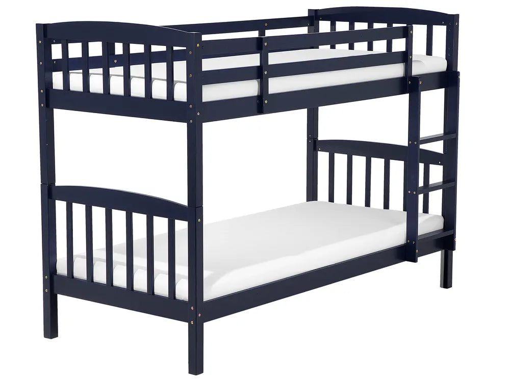 Navy blue bunk bed with white mattresses on a white background