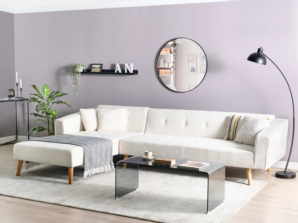 Corner Sofa Bed 4 Seater Boucle Off-White Right Hand Alarick