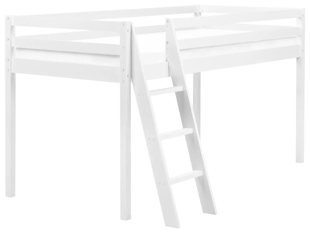 White wooden bunk bed with ladder on a white background