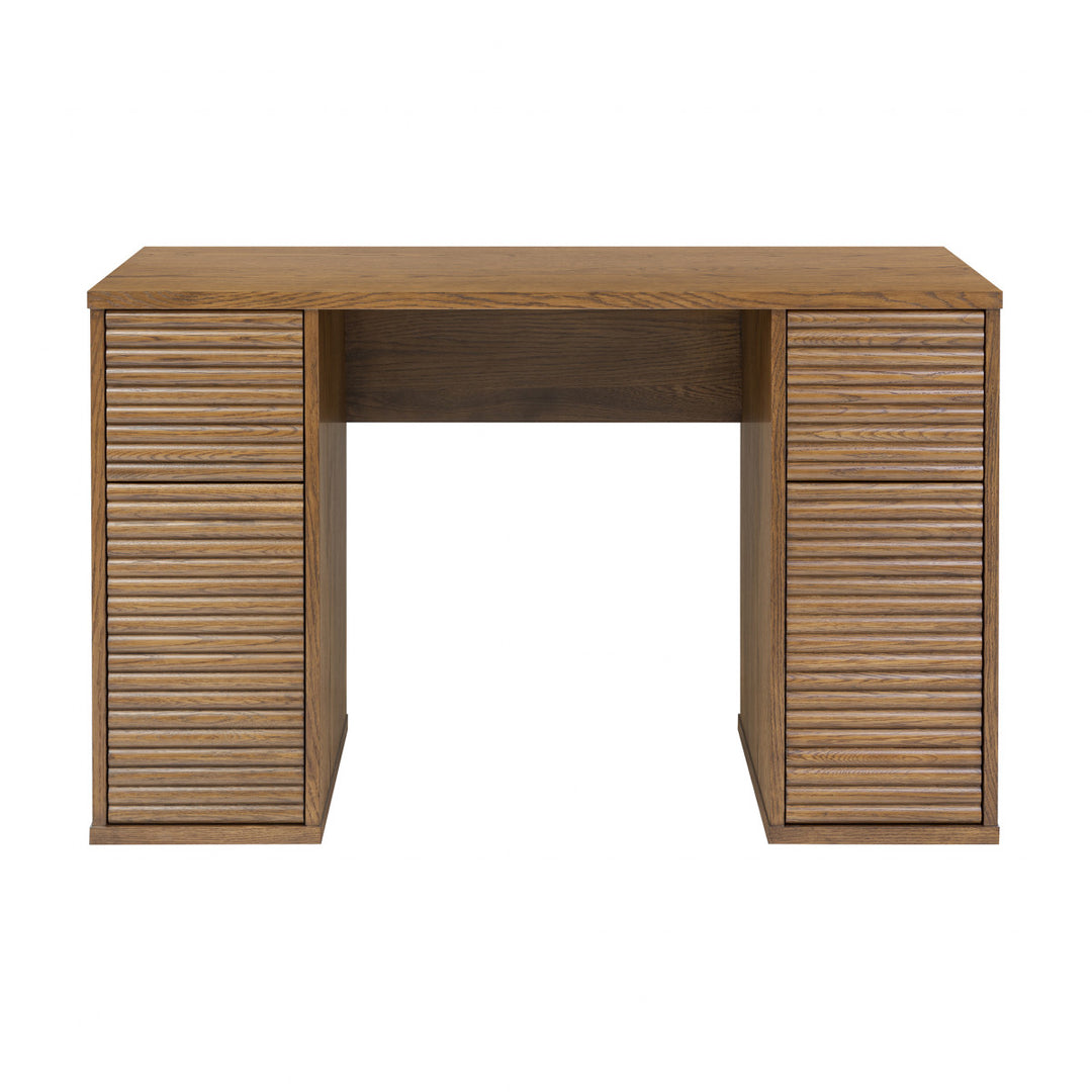 Wooden desk with slatted side panels on a white background