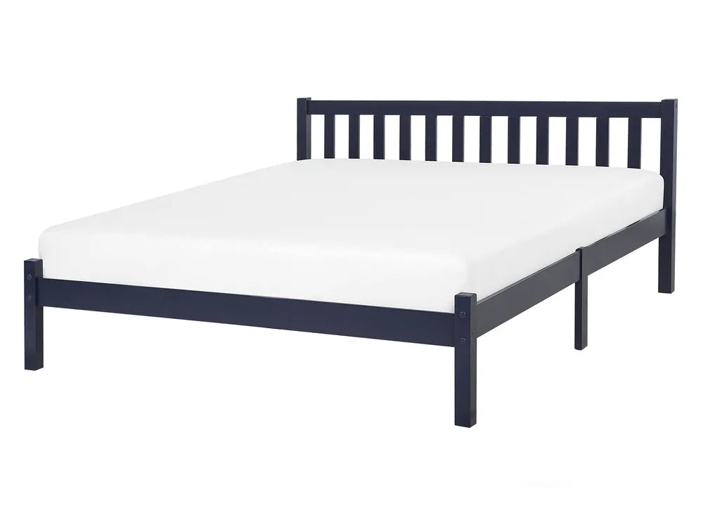 Navy blue metal bed frame with white mattress on a white background