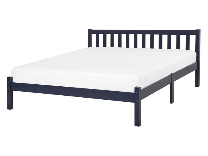 Navy blue metal bed frame with white mattress on a white background
