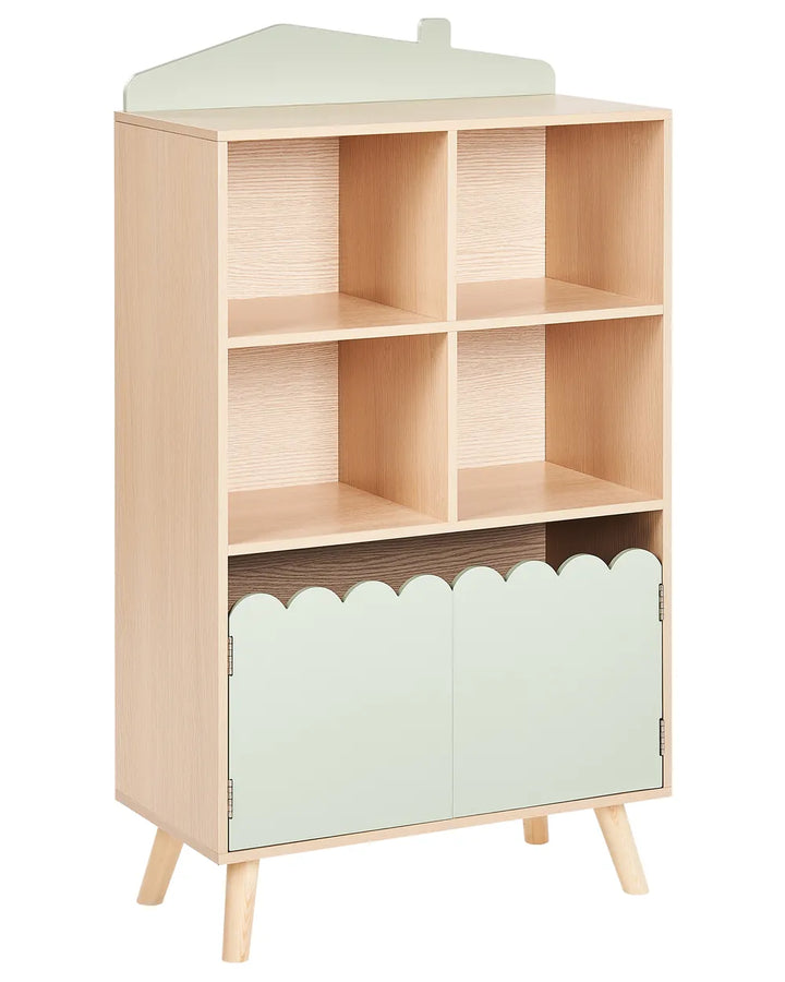 Wooden shelf with scalloped design on doors against a white background