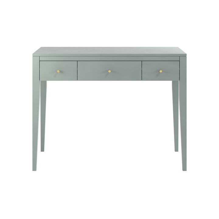 Gray desk with three drawers on a white background