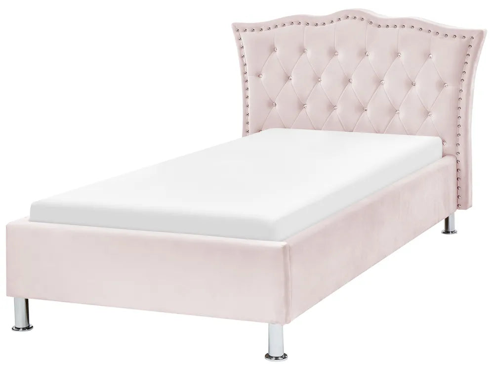 Pink upholstered bed with tufted headboard on a white background