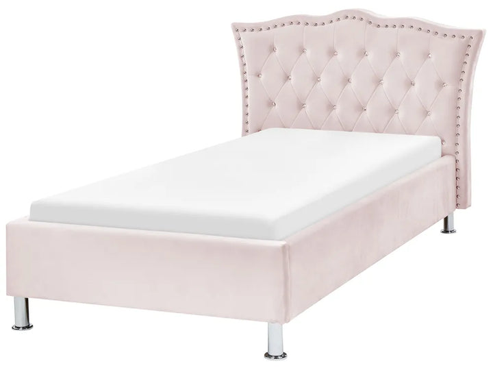 Pink upholstered bed with tufted headboard on a white background