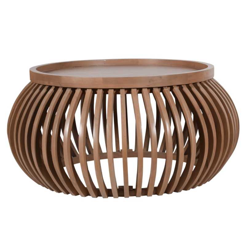 Wooden side table with wicker-like design on a white background