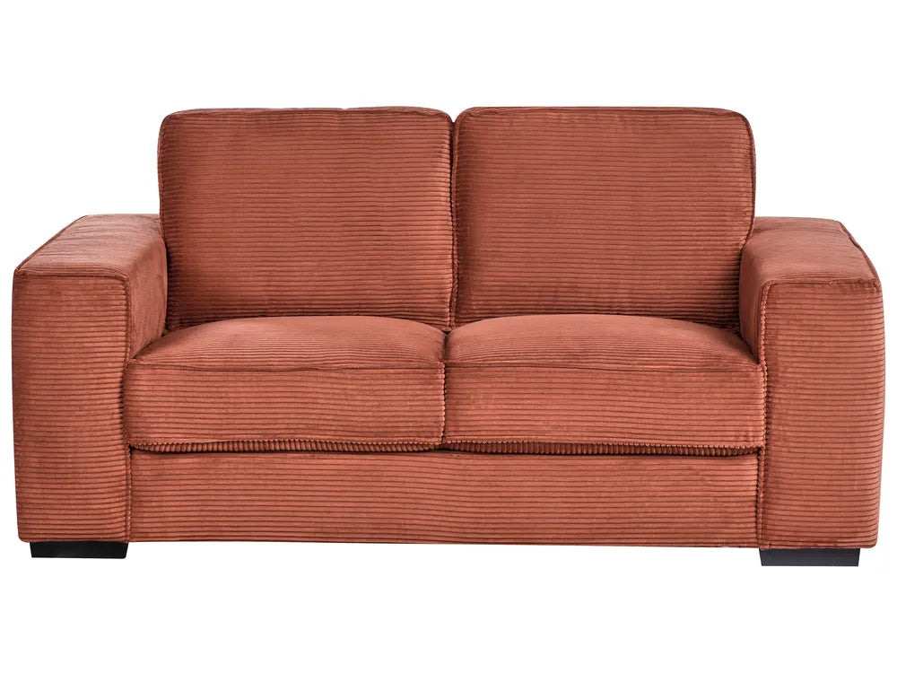 red corduroy 2 seater sofa with thick cushions