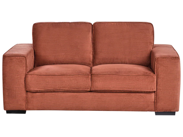 red corduroy 2 seater sofa with thick cushions