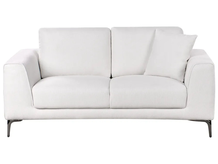 white fabric 2 seater sofa with thick cushions and metal legs