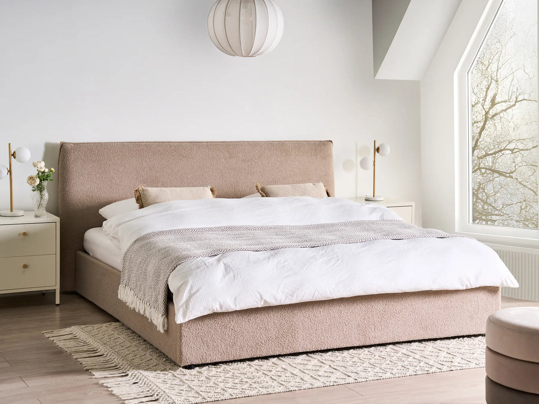 Super King taupe ottoman bed with storage and soft upholstery