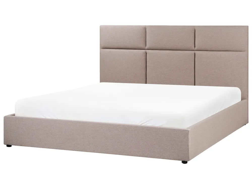 Beige upholstered bed with white mattress on a white background