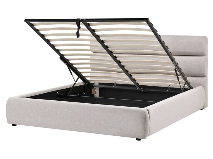 White bed frame with black metal slat support on a white background