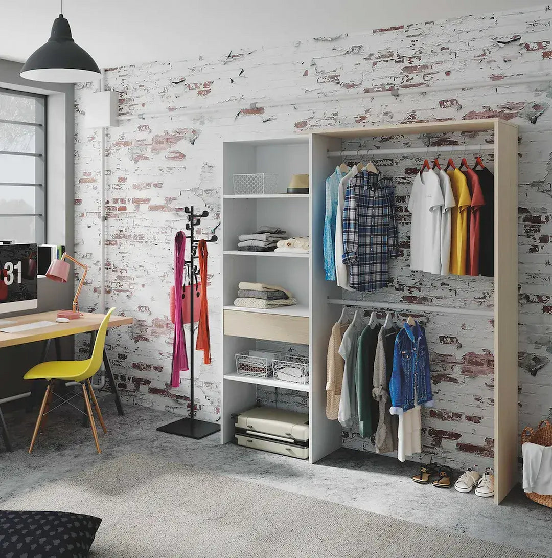 Oak and white open wardrobe with shelves and hanging rail