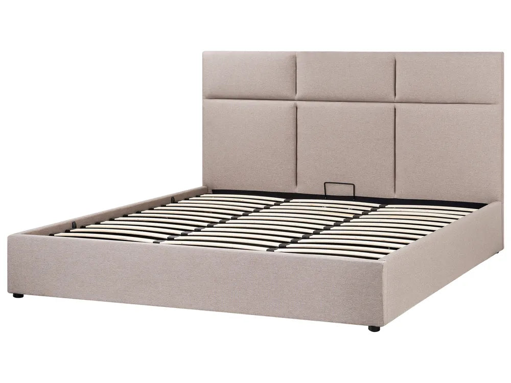 Beige upholstered bed frame with metal slats on a white background