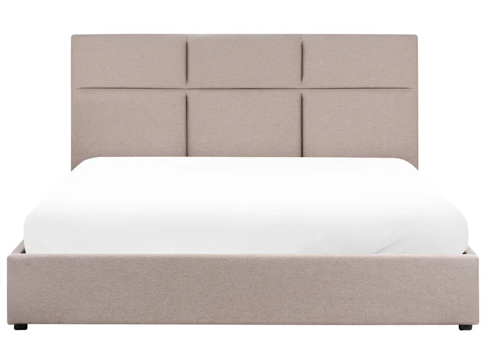 Beige upholstered bed with white mattress on a white background