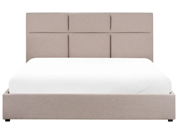Beige upholstered bed with white mattress on a white background