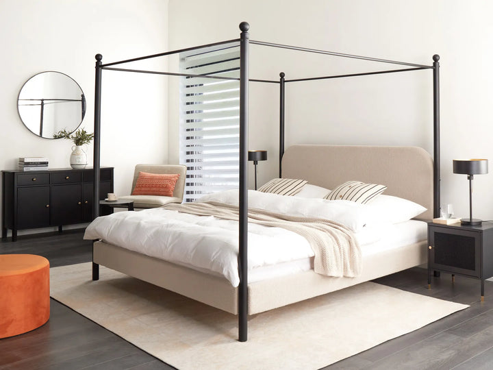 Super King taupe bouclé canopy bed with curved headboard