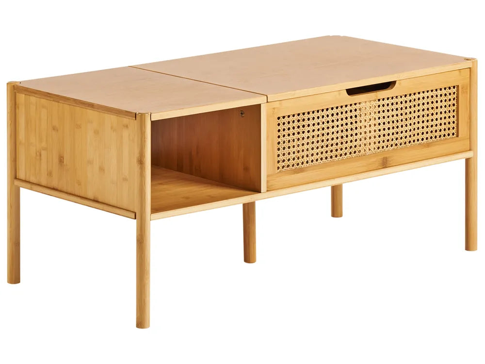 Wooden coffee table with a woven side drawer on a white background