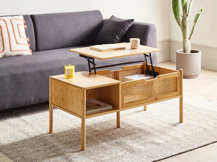 Wooden coffee table with a basket in a living room setting