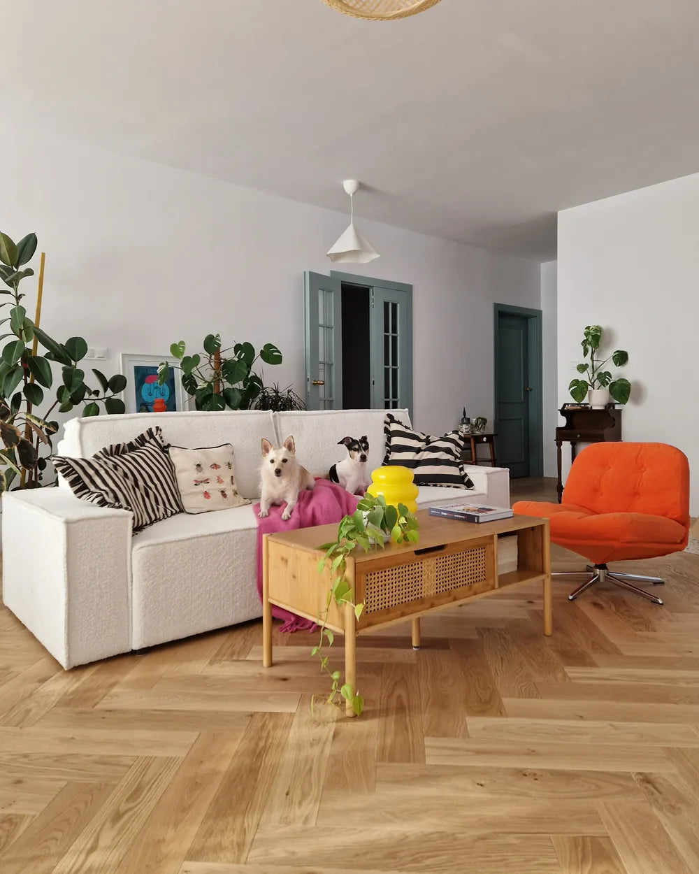 Modern living room with a white sofa, orange chair, and wooden coffee table.