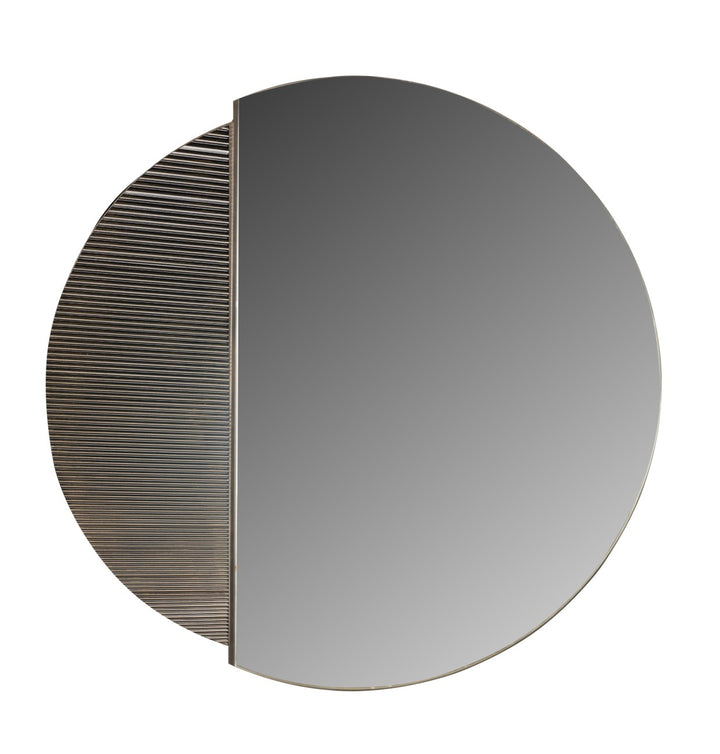 Round mirror with a textured half-circle design on a white background