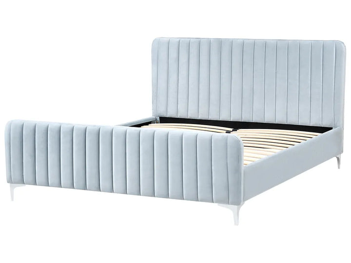 Light blue upholstered bed frame on a white background